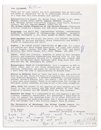 CLARKE, ARTHUR C. Archive of 13 letters, each Signed Arthur C Clarke, Arthur, or Arthur Clarke, to William Lauritzen, mostly form